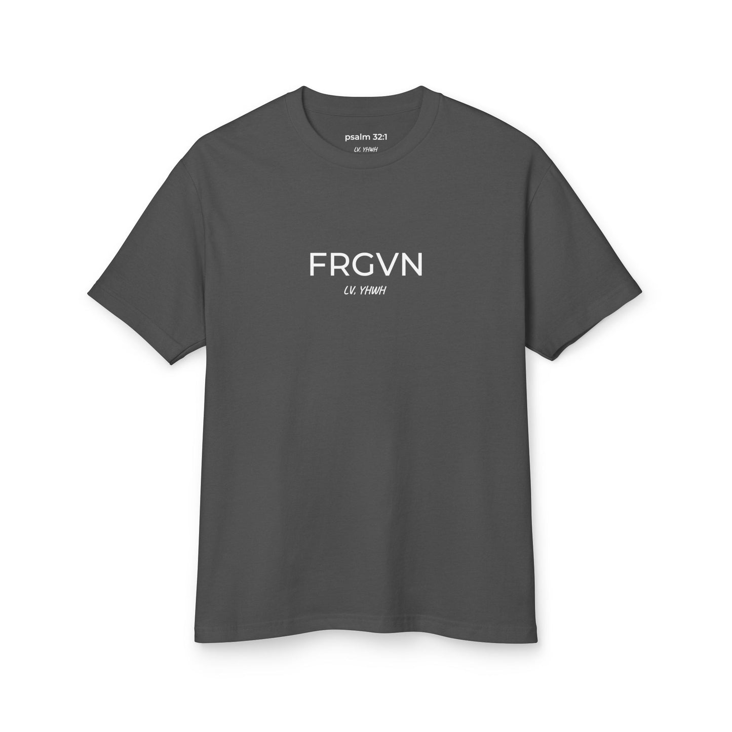 Charcoal Printify T shirt with centered white FRGVN text and small script design Christian graphic t-shirt for faith wear