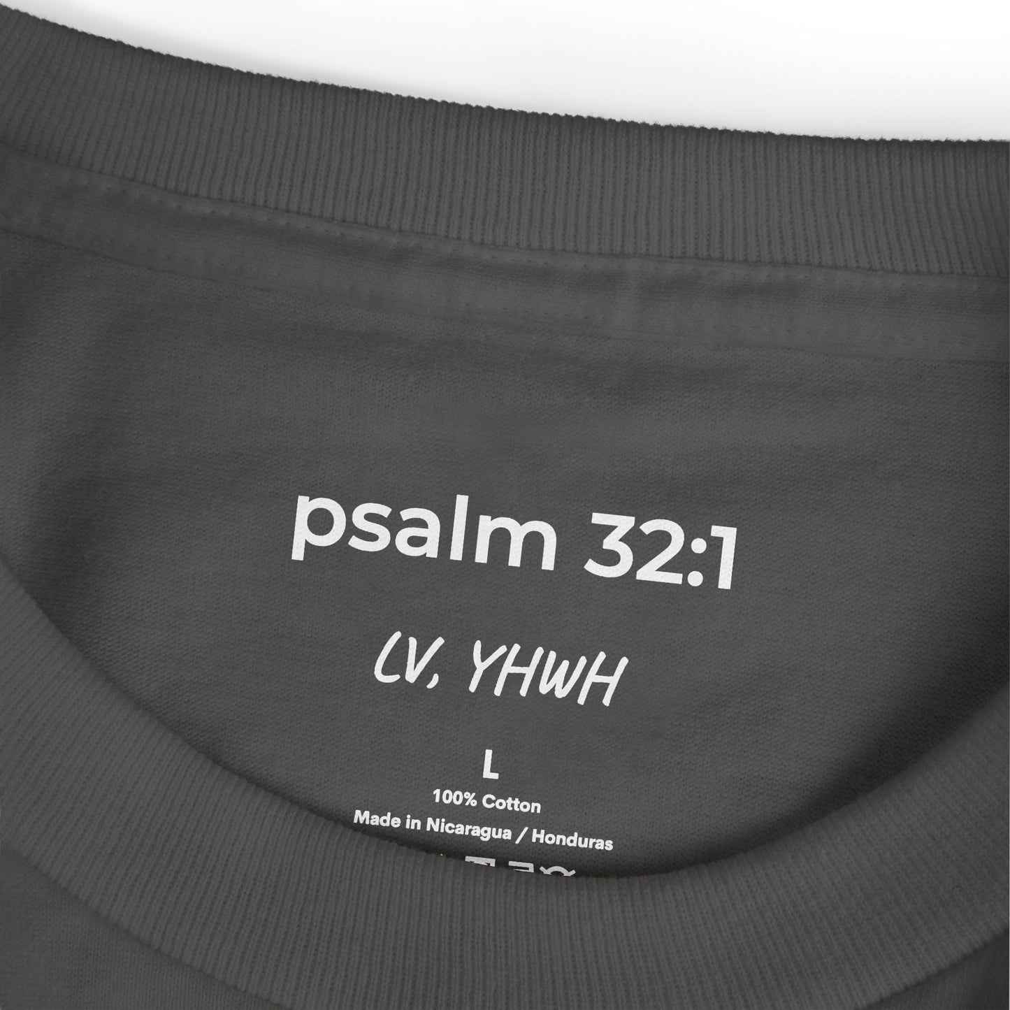 Printify black Christian graphic t-shirt interior neck print reading psalm 32 1 and YHWH size L 100 percent cotton