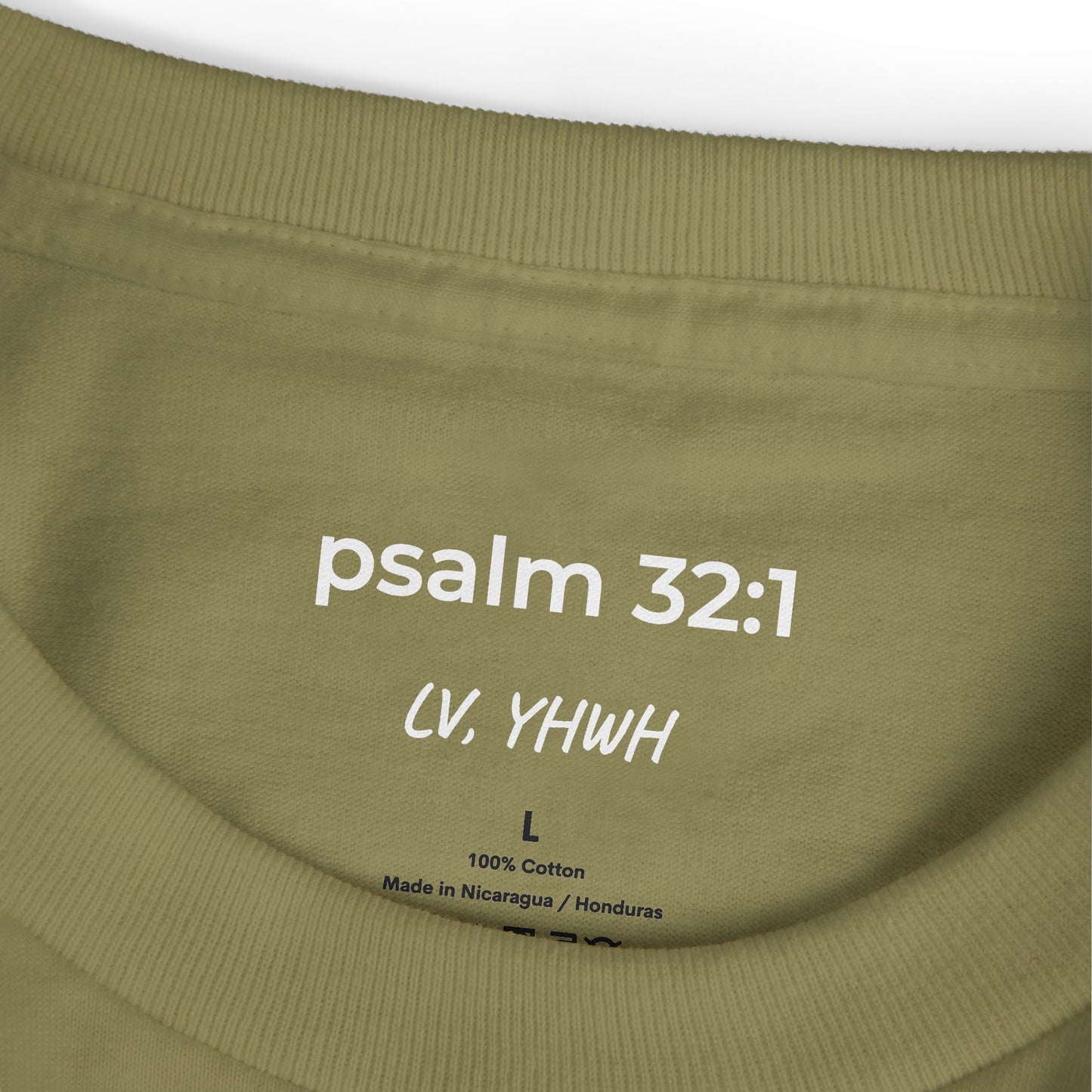 Olive crewneck Printify t shirt interior label showing psalm 32 1 CV YHWH size L 100 percent cotton Christian graphic t-shirt