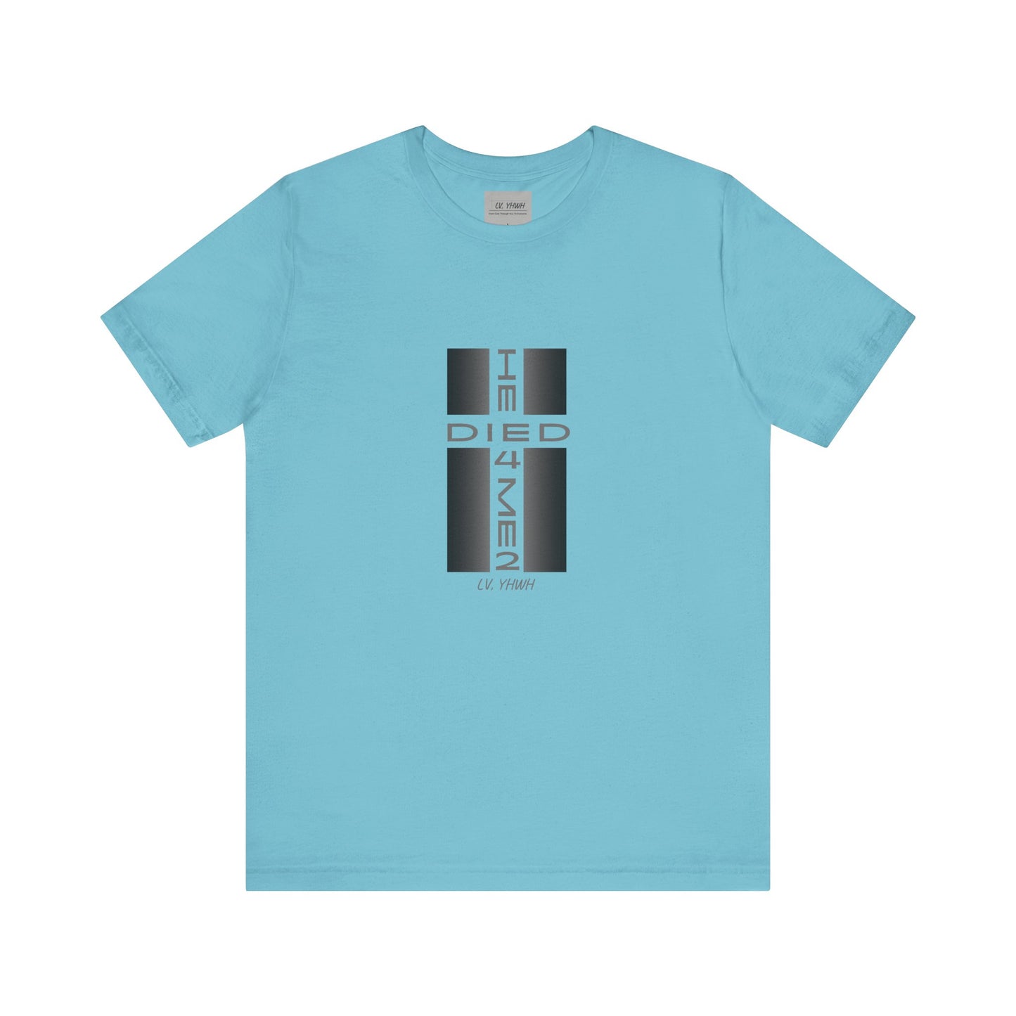 Printify light blue unisex Christian graphic t-shirt with centered vertical cross and bold text design for faith gifting