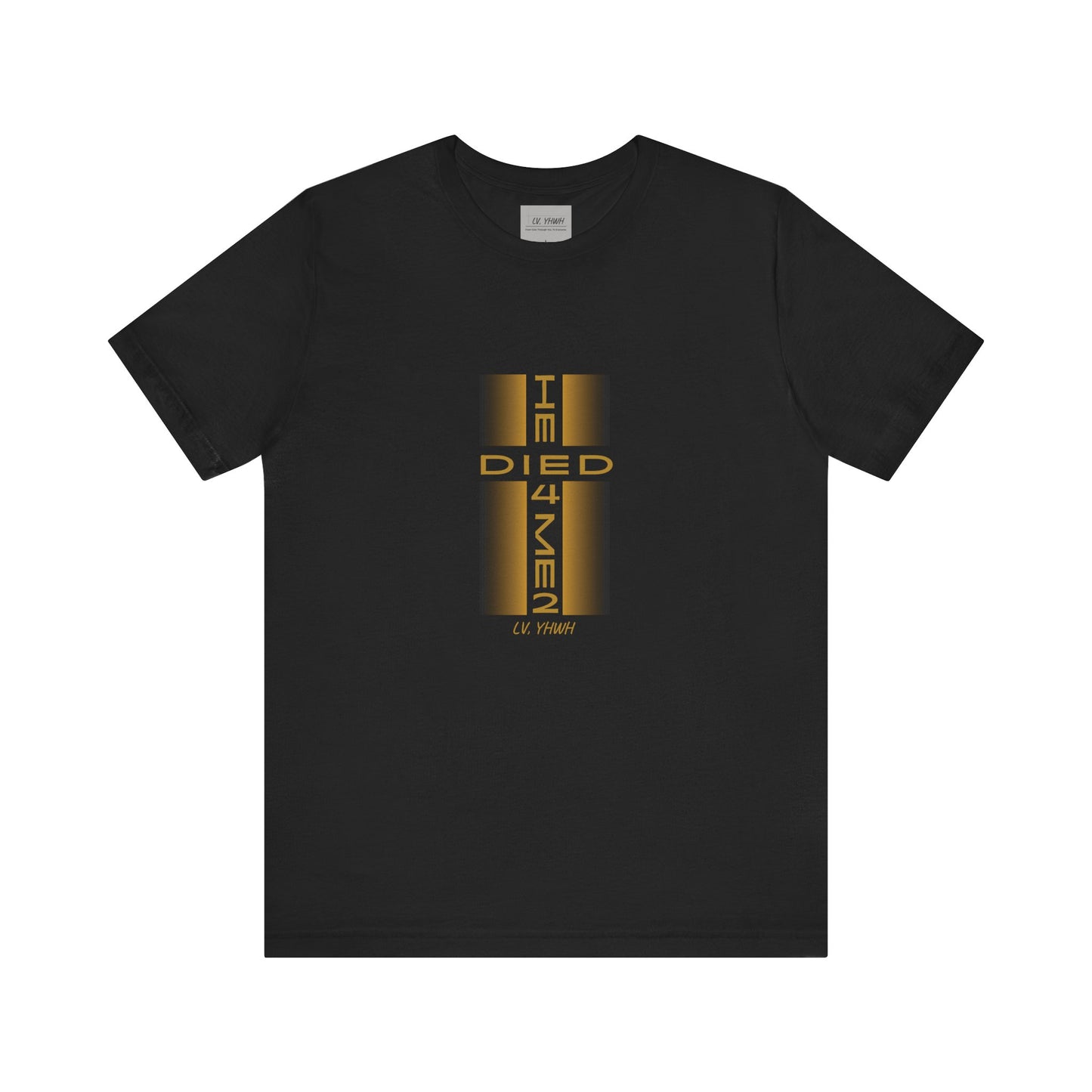 Black cotton Christian graphic t-shirt with gold vertical cross reading I DIED 4 MEN