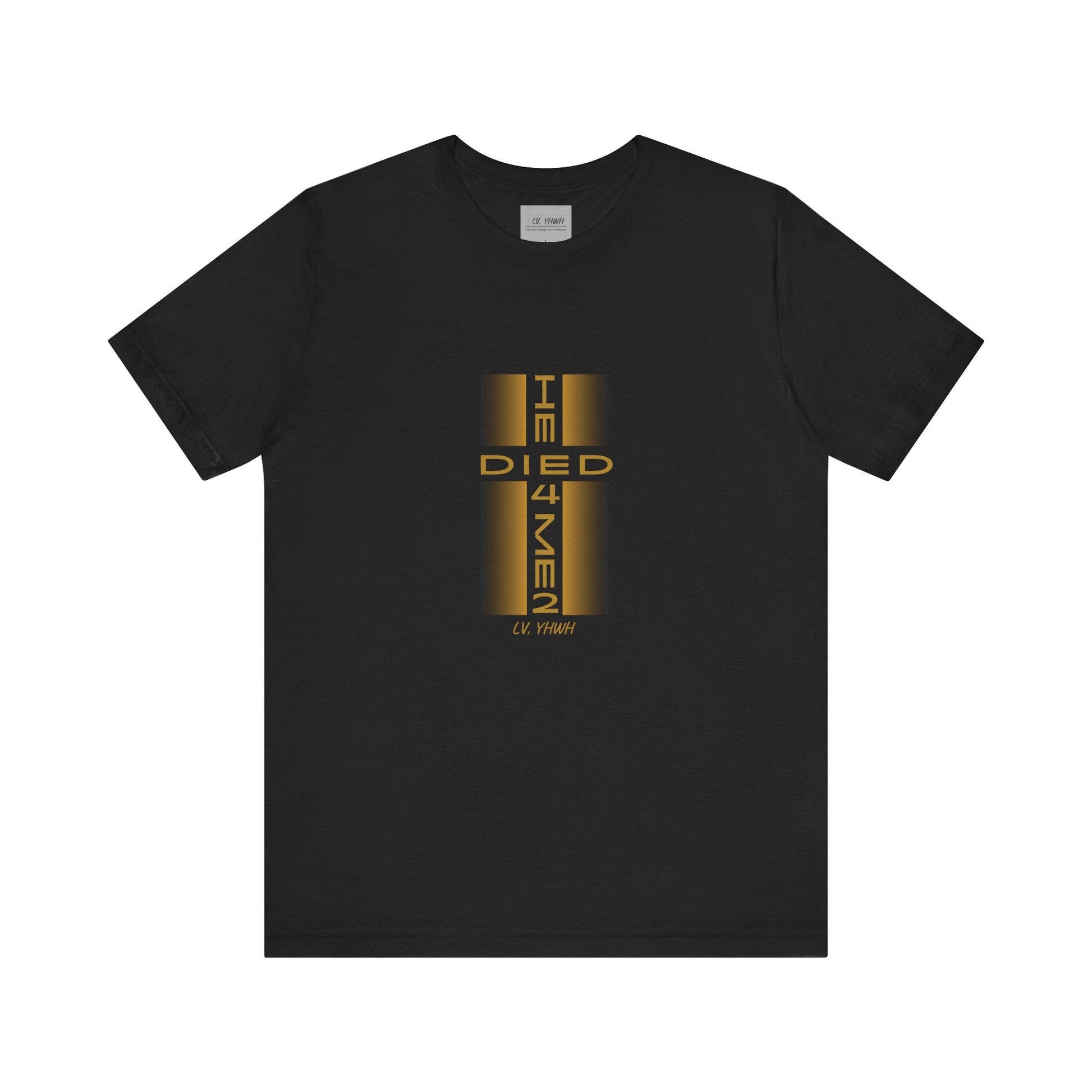 Black cotton Christian graphic t-shirt with gold vertical cross reading I DIED 4 MEN