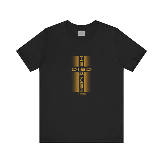Black cotton Christian graphic t-shirt with gold vertical cross reading I DIED 4 MEN