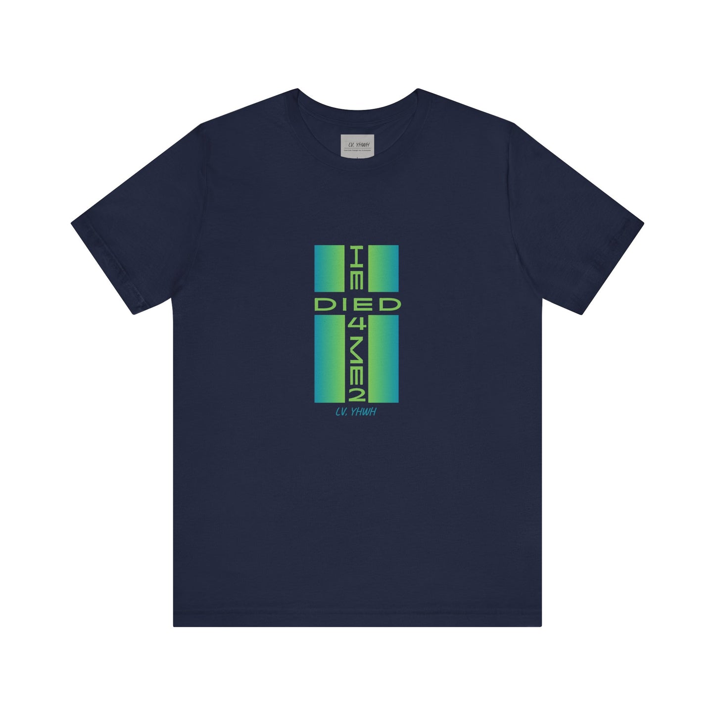 Printify navy t shirt with green gradient cross and vertical bold text design Christian graphic t-shirt
