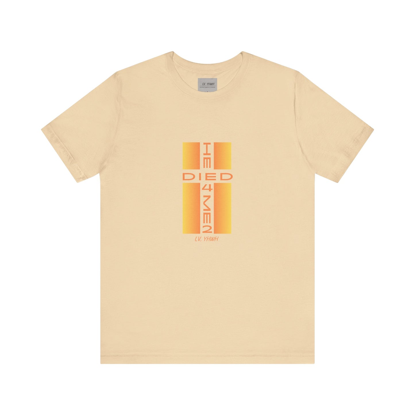 Beige cotton tee with orange gradient cross and vertical text design I Died 4 Men center print Christian graphic t-shirt