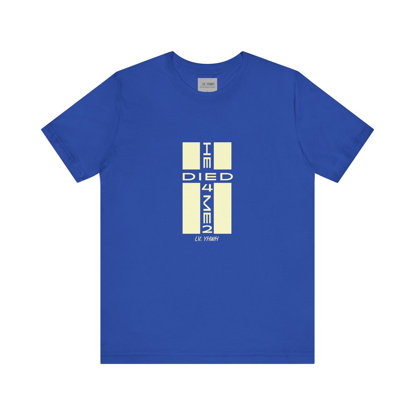 Printify blue crew neck Christian graphic t-shirt with cream cross style typographic design on chest