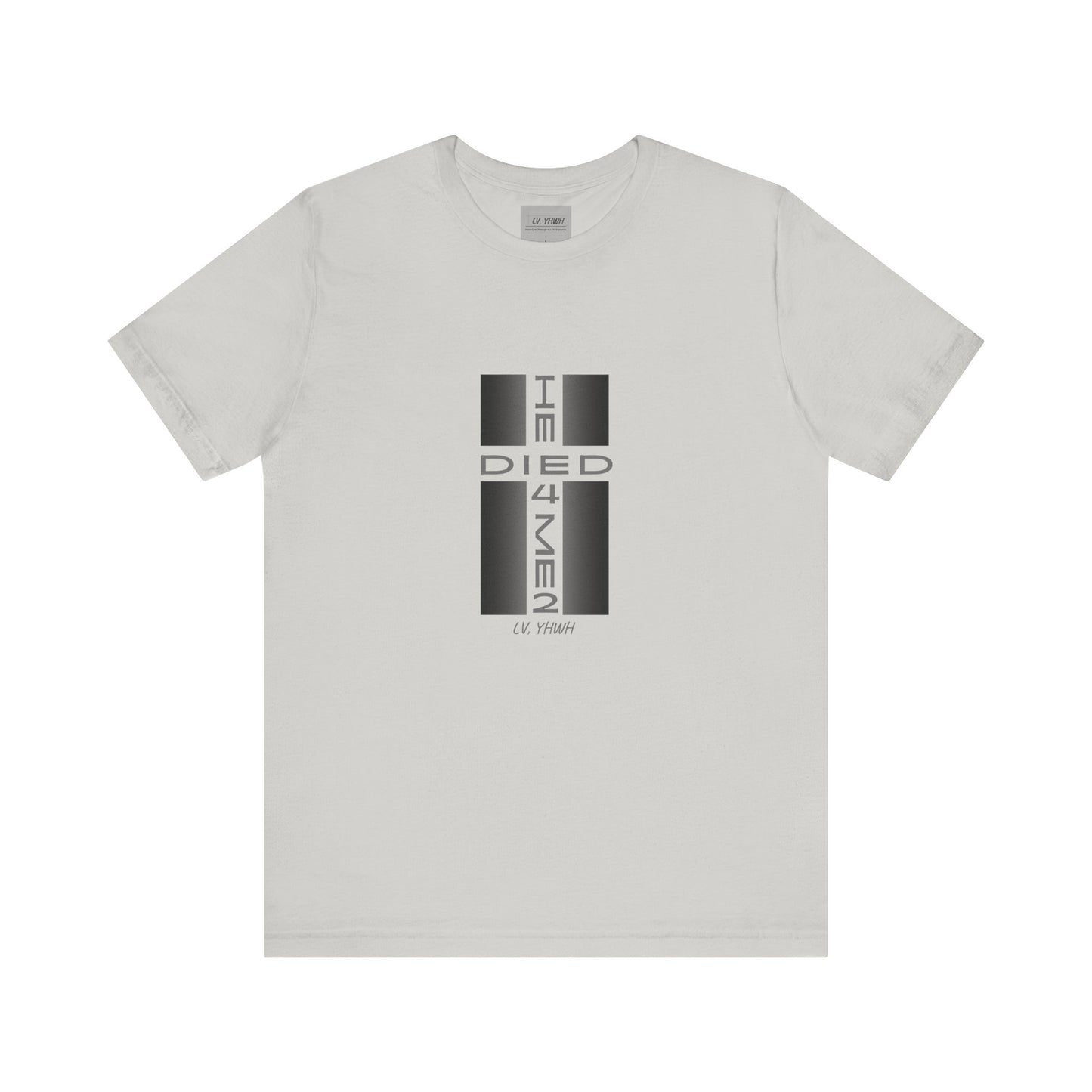 Light gray Printify t shirt with centered cross design reading I AM DIED 4 MEN in black Christian graphic t-shirt